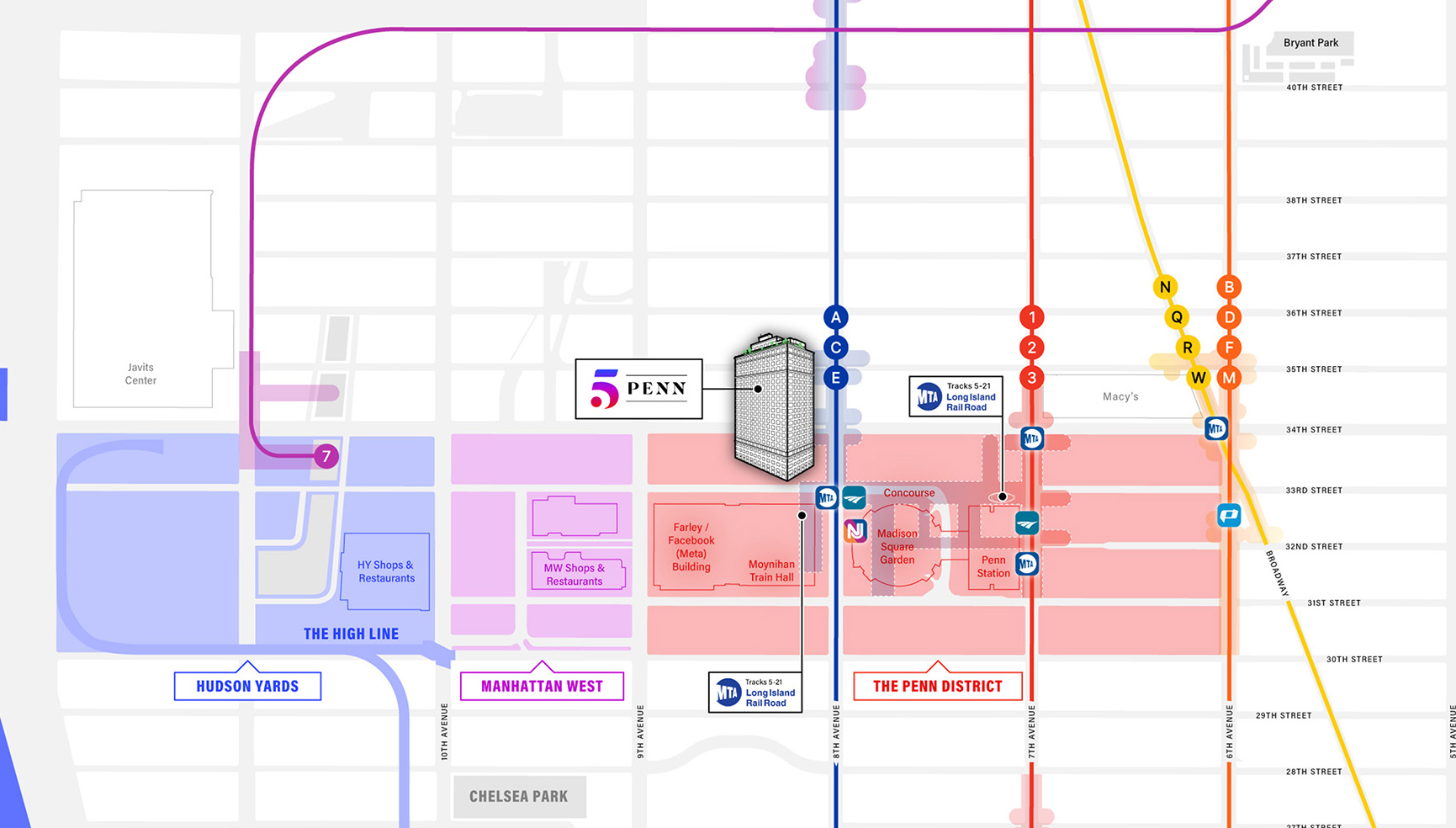 Map graphic depicting 5 Penn Plaza's location in NYC neighborhood